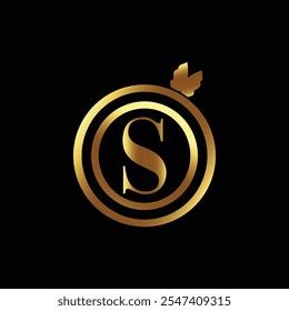 Elegant Golden Letter S Logo Design with Leaf Accent on Black Background
