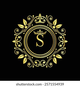 Elegant Golden Letter S Logo with Ornamental Crown and Floral Frame for Luxury Branding  
