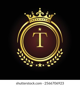 Elegant golden letter T logo with crown and laurel design for luxury branding and royalty  
