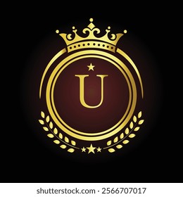 Elegant golden letter U logo with crown and laurel design for luxury branding and royalty  
