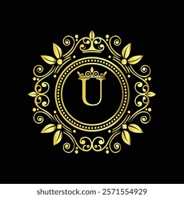 Elegant Golden Letter U Logo with Ornamental Crown and Floral Frame for Luxury Branding  
