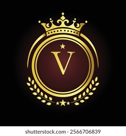 Elegant golden letter V logo with crown and laurel design for luxury branding and royalty  
