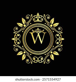 Elegant Golden Letter W Logo with Ornamental Crown and Floral Frame for Luxury Branding  
