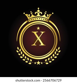 Elegant golden letter X logo with crown and laurel design for luxury branding and royalty  
