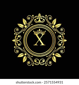 Elegant Golden Letter X Logo with Ornamental Crown and Floral Frame for Luxury Branding  
