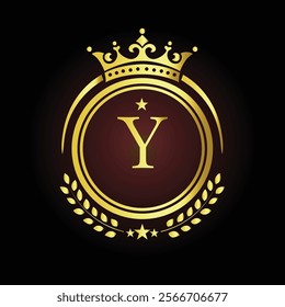 Elegant golden letter Y logo with crown and laurel design for luxury branding and royalty  
