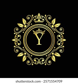 Elegant Golden Letter Y Logo with Ornamental Crown and Floral Frame for Luxury Branding  
