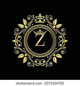 Elegant Golden Letter Z Logo with Ornamental Crown and Floral Frame for Luxury Branding  
