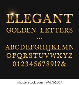 Elegant golden letters. Shiny gold vector alphabet. Letter type golden metallic, abc and numbers yellow illustration