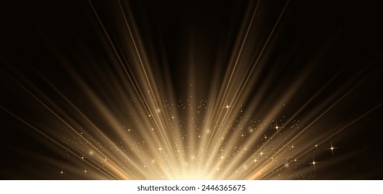 Elegante rayo de luz dorado sobre fondo negro con efecto de iluminación y brillo con espacio de copia para texto. Diseño de lujo. Ilustración vectorial