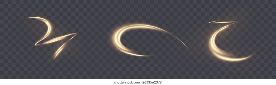 Elegant golden light swirl with glitter and glowing trail on transparent background. Vector for magical transitions, soft motion effects or dreamy visuals in modern compositions.