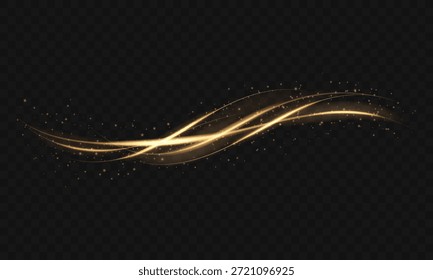 Las elegantes ondas de luz dorada fluyen a través, brillando con destellos suaves para crear un diseño abstracto lujoso y mágico lleno de movimiento y energía. Efecto de luz mágica dorada brillante