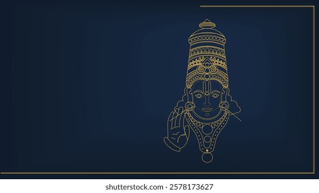 Elegant golden line art illustration of Lord Venkateshwara Swami with a divine aura, symbolizing faith, devotion, and spiritual blessings in Hinduism