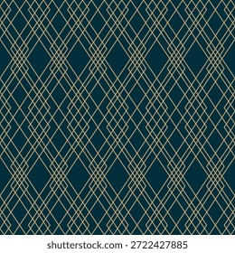 Elegantes goldenes Linienmuster. Vektorlineares geometrisches nahtloses Ornament mit subtilem Raster, dünnen Linien, Gitter. Abstraktes Gold und dunkelgrüner Minimalhintergrund. Art Deco Textur. Wiederholtes Luxusdesign