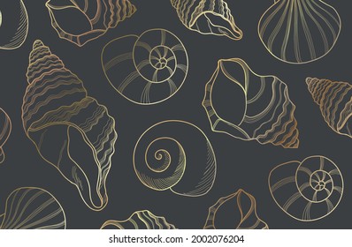 Elegant golden line sea shells, Luxury gold underwater ocean rapana mollusc vector abstract art on gray background illustration.