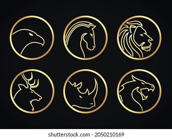 elegant golden linear animal head logo circle set