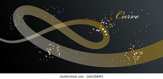 Elegantes líneas doradas vectorial fondo abstracto dimensional, rayas 3D dinámicas de curva dorada en movimiento bello elemento de diseño, plantilla de tema de lujo para anuncios.