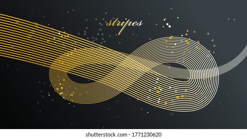 Elegant golden lines vector dimensional abstract background, 3D dynamic gold curve stripes in motion beautiful design element, luxury theme template for ads.