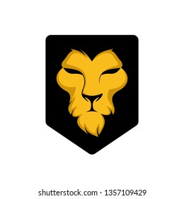 elegant golden lion head, lion face on shield logo design. animal wildlife vector illustration. universal brand template illustration 