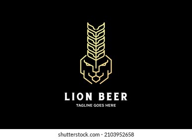 Elegant Golden Lion Head with Rice Wheat Malt for Beer Brewery Logo Design Vector