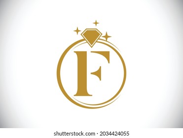 Alfabeto monocálmico inicial F en un círculo con Diamante. Logo del anillo de diamantes. Concepto de diseño de logotipo de joyería. Logo vectorial moderno para identidad empresarial y de empresa.