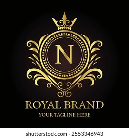 Elegant golden logo design showcasing  royal brand emblem with luxurious style and crown details  
