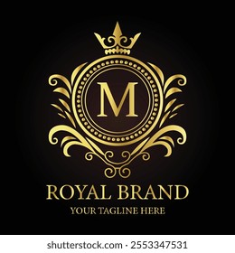 Elegant golden logo design showcasing M royal brand emblem with luxurious style and crown details  
