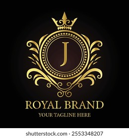 Elegant golden logo design showcasing  royal brand emblem with luxurious style and crown details  
