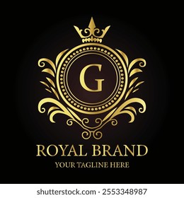 Elegant golden logo design showcasing G royal brand emblem with luxurious style and crown details  
