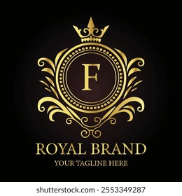 Elegant golden logo design showcasing F royal brand emblem with luxurious style and crown details  
