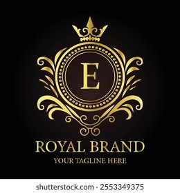 Elegant golden logo design showcasing E royal brand emblem with luxurious style and crown details  
