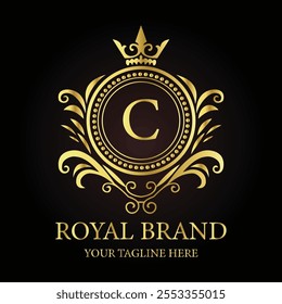 Elegant golden logo design showcasing C royal brand emblem with luxurious style and crown details  
