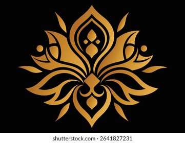 Elegant Golden Lotus Blossom Flourish Ornate Floral Design on a Black Background Aesthetically Pleasing and Symbolizing Purity and Enlightenment