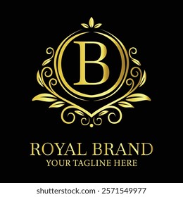 Elegant golden luxury logo design B for royal brand with customizable tagline option  
