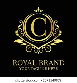 Elegant golden luxury logo design C for royal brand with customizable tagline option  
