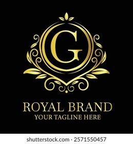 Elegant golden luxury logo design G for royal brand with customizable tagline option  
