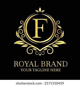 Elegant golden luxury logo design F for royal brand with customizable tagline option  
