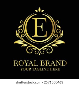 Elegant golden luxury logo design E for royal brand with customizable tagline option  
