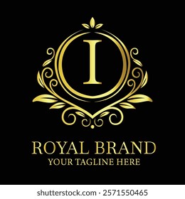 Elegant golden luxury logo design I for royal brand with customizable tagline option  
