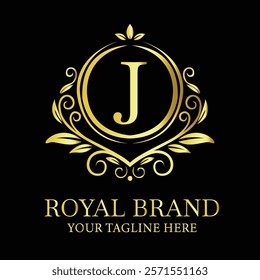Elegant golden luxury logo design J for royal brand with customizable tagline option  
