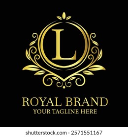 Elegant golden luxury logo design L for royal brand with customizable tagline option  
