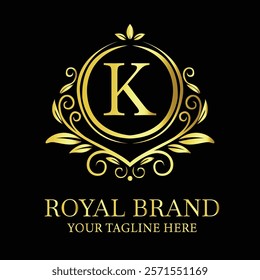 Elegant golden luxury logo design K for royal brand with customizable tagline option  
