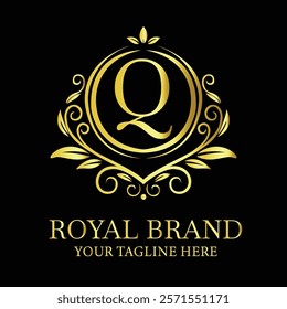 Elegant golden luxury logo design Q for royal brand with customizable tagline option  
