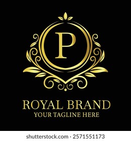 Elegant golden luxury logo design P for royal brand with customizable tagline option  
