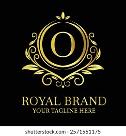 Elegant golden luxury logo design O for royal brand with customizable tagline option  
