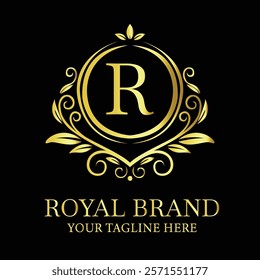 Elegant golden luxury logo design R for royal brand with customizable tagline option  
