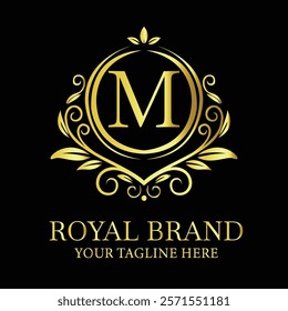 Elegant golden luxury logo design  M for royal brand with customizable tagline option  
