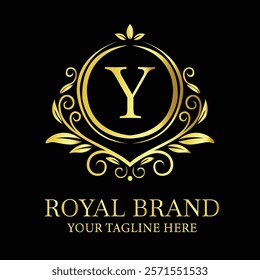 Elegant golden luxury logo design Y for royal brand with customizable tagline option  
