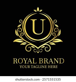 Elegant golden luxury logo design U for royal brand with customizable tagline option  
