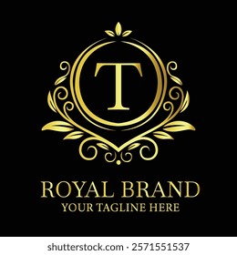 Elegant golden luxury logo design T for royal brand with customizable tagline option  
